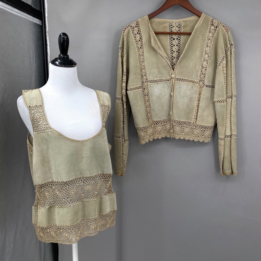 Vtg Tan Suede Leather Crochet Lace 2 Piece Cardigan Tank Set Women Large 70s 90s